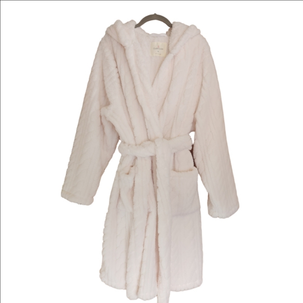 CUDDL DUDS SHORT JACQUARD CABLE PLUSH CREAMY IVORY HOODED ROBE XL NWT